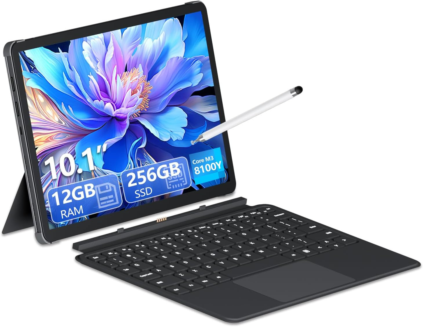 10.1″ 2 in 1 Tablet/Laptop Computer, 12GB RAM+256GB SSD, Touchscreen Laptops wit