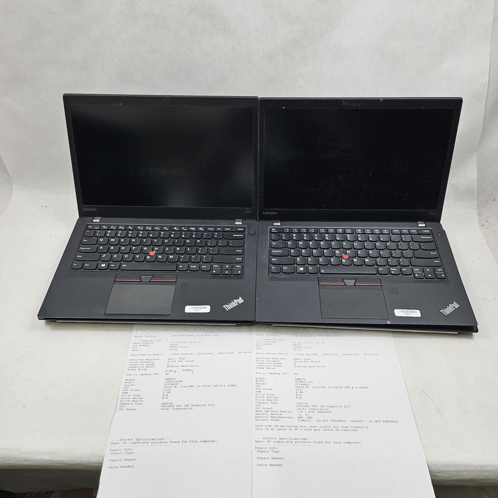 Lot of 8 Mixed Model Lenovo ThinkPad i5-5th-8th Gen 8/16GB RAM Mixed Specs *Read