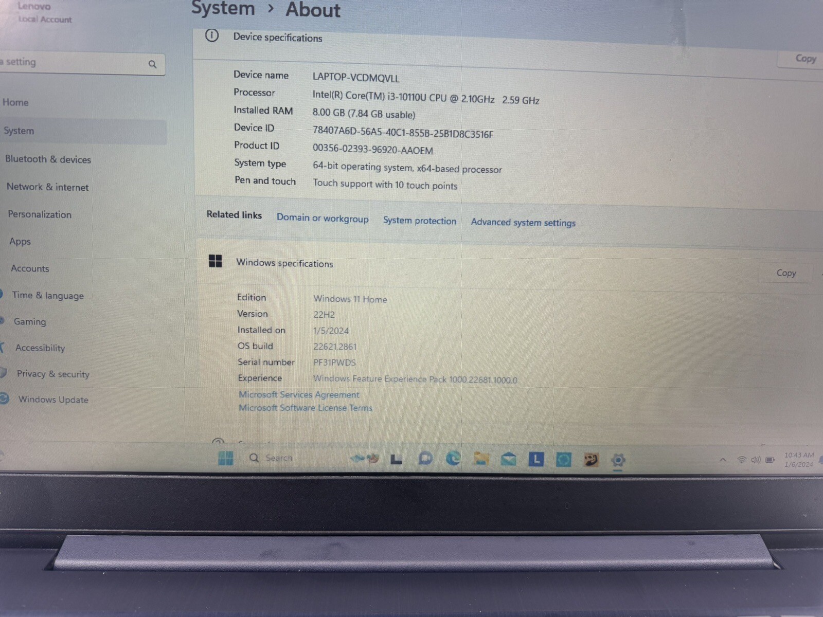 Lenovo IdeaPad 3 15IML05 Touch Screen 256gb Ram 8gb i3