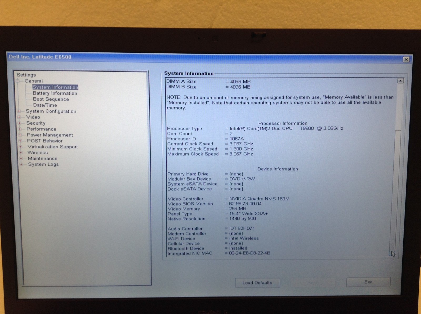 Dell Latitude E6500 Core 2 Duo T9900 3.06GHz 8GB DVD NVS160M, No HDD, WORKING