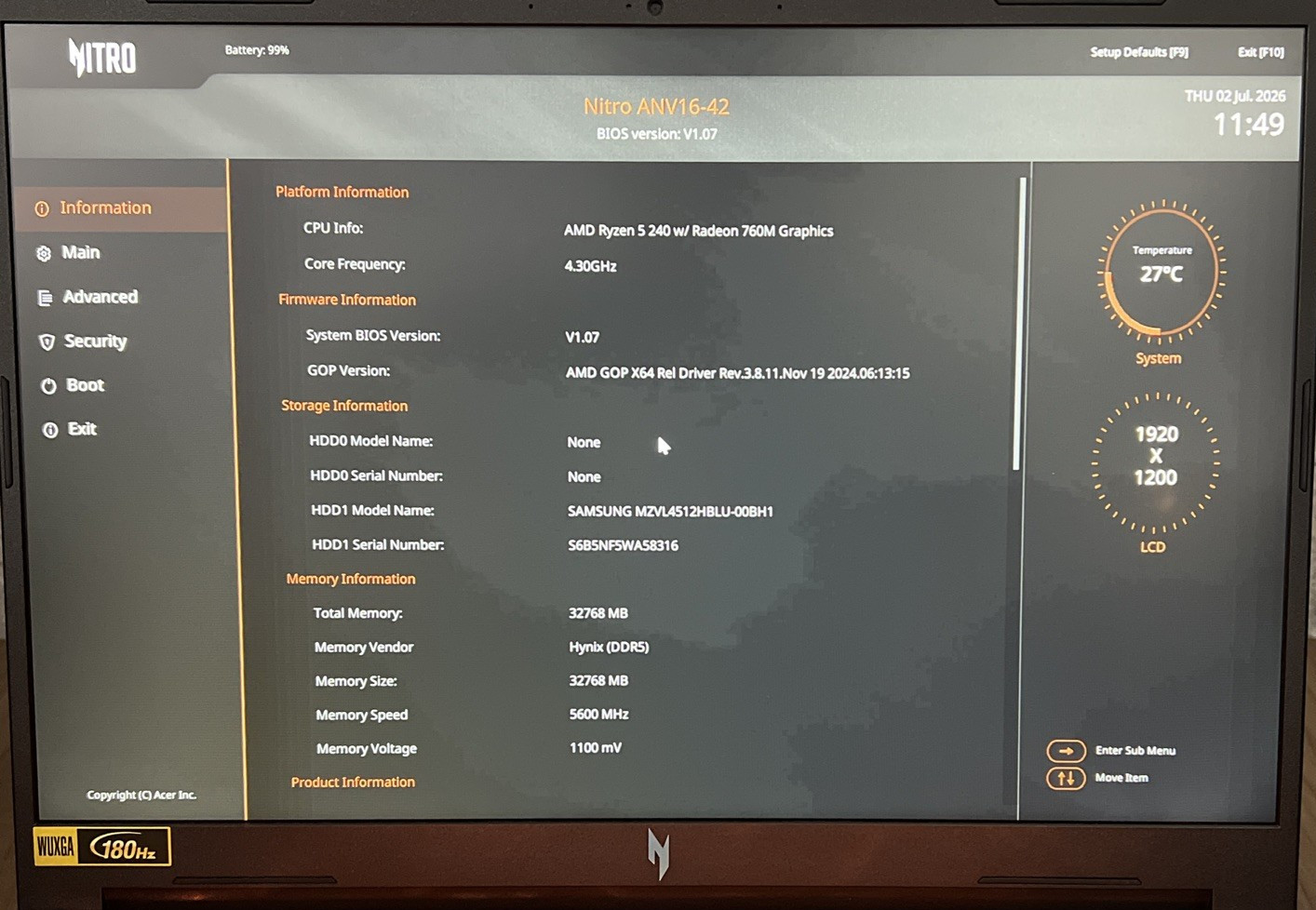 Acer Nitro V 16 AI 16″, Ryzen 5 240, RTX 5050, 32GB RAM, 512GB SSD ANV16-42-R1SF