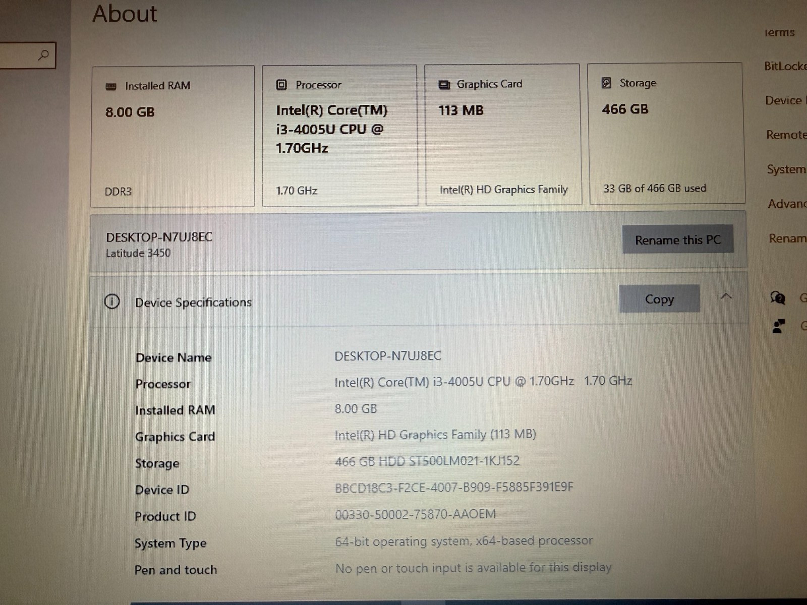 DELL LATITUDE 3450 LAPTOP I3-4005U 1.70GHZ 14″ LCD 8GB RAM 500GB HD AS-IS