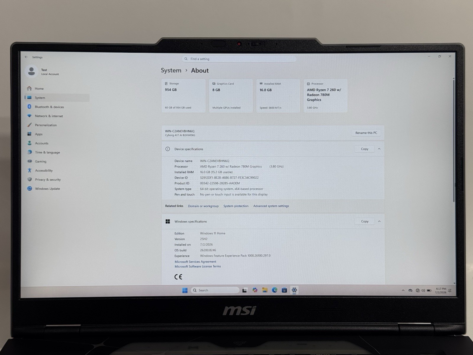 MSI Cyborg A17 AI B2HWEKG Ryzen 7 260 3.8GHz 16GB RAM 1TB SSD GeForce RTX 5050