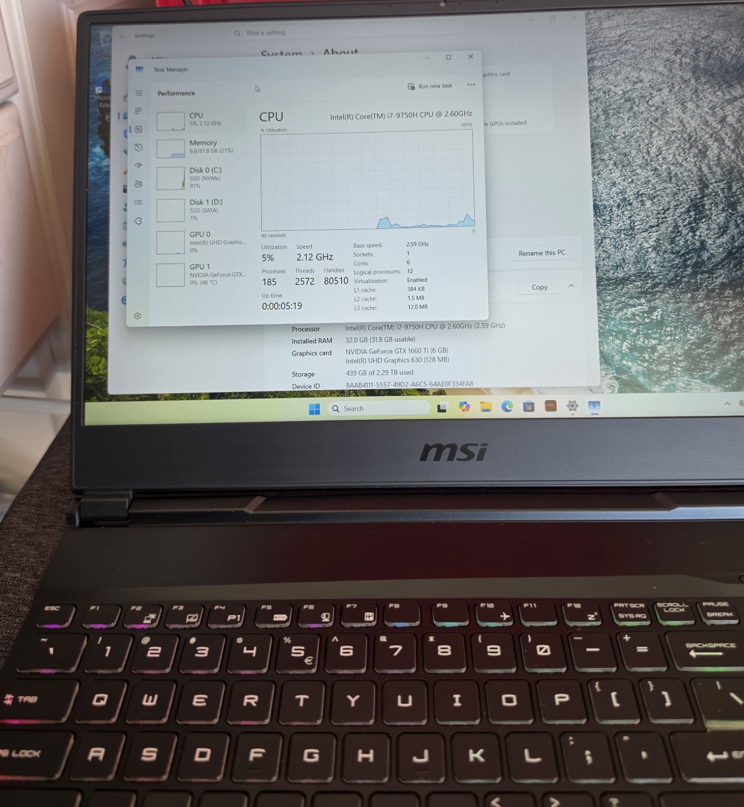 MSI GL65 9SDK 15.6″ 120Hz i7-9750H 32GB RAM 2.3TB SSD GTX 1660 Ti Win11