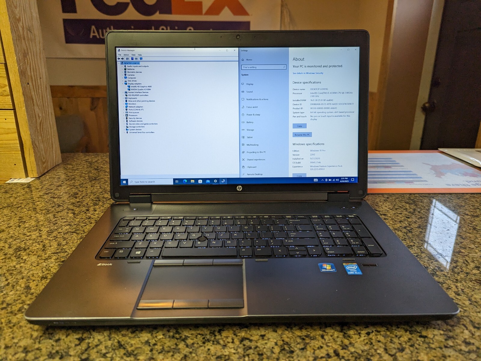 Zbook 17 G1 Laptop S&D Intel i5 16 GB Ram 480 SSD Nvidia Quadro K3100 Win 10 pro
