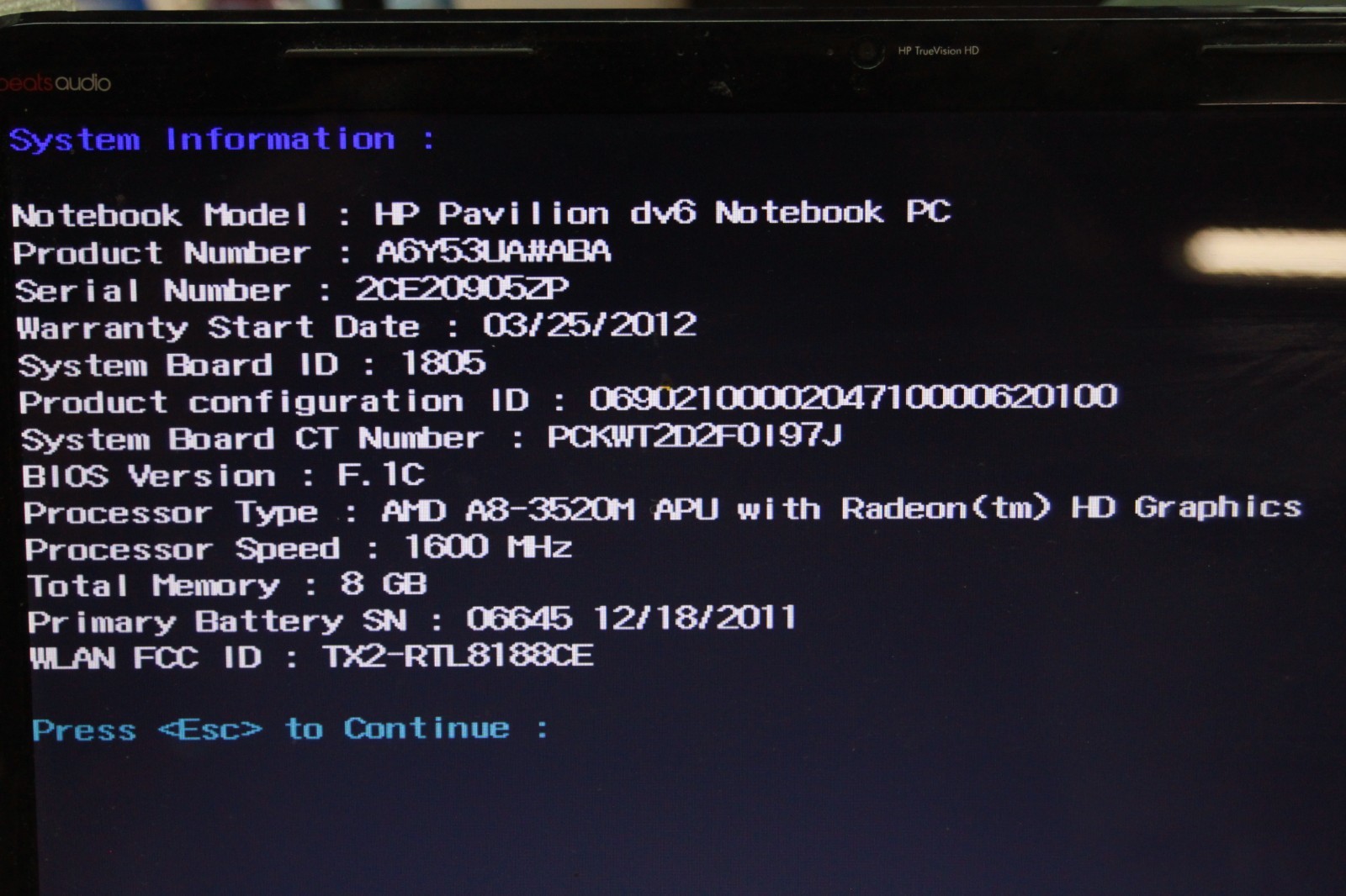 HP Pavilion DV6-6C35DX AMD A8-3520M 1.6GHz, 8GB Ram, No HDD, For Repair READ