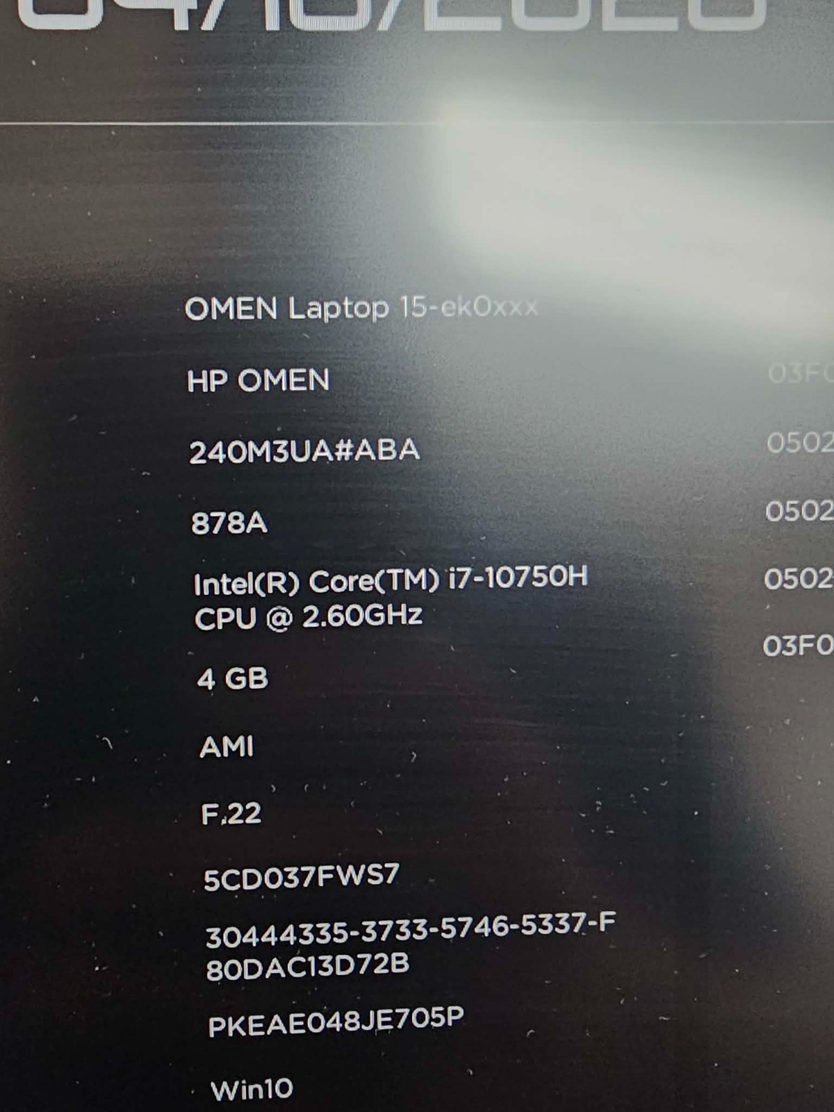 HP OMEN 15-ek0026NR Laptop Intel Core i7-10750H 4GB Ram RTX 2060 NO HD/OS P&R