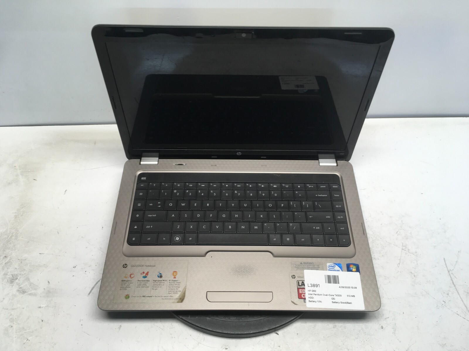 HP G62-225DX Intel Pentium Dual-Core T4500 2.3GHz 512 MB NO HDD No Batt