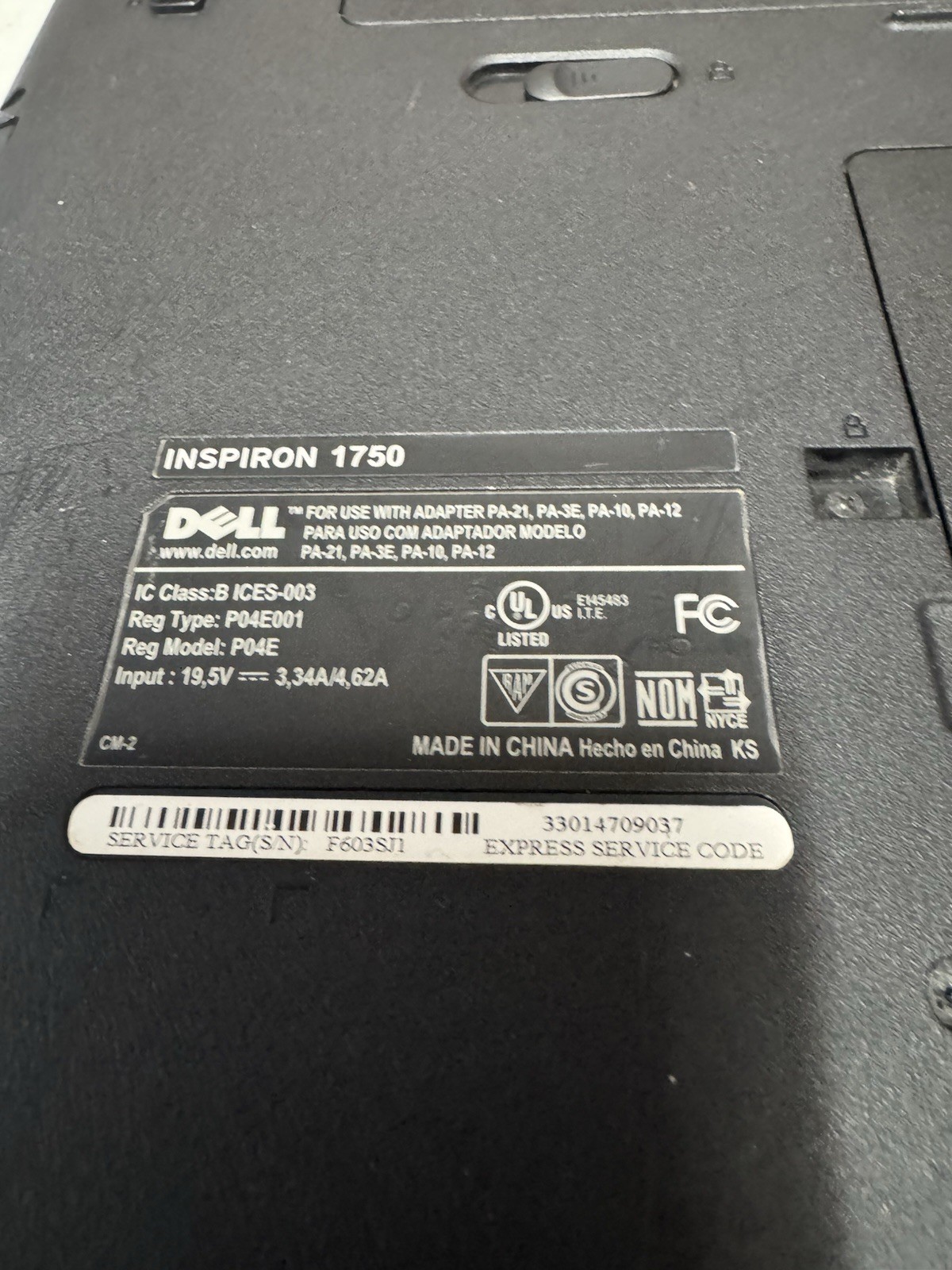 Dell Inspiron 1750 Core 2 Duo 2.20GHz 4GB RAM 500GB HDD No OS Used