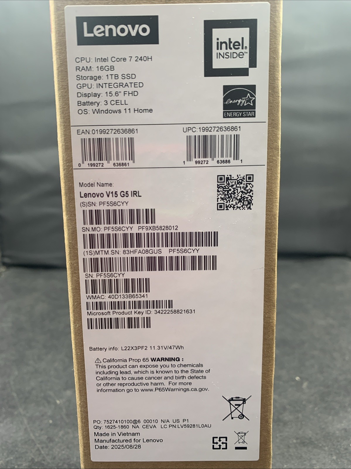 Lenovo V15 G5 IRL, 15″ FHD, Intel Core 7 240H, 16GB RAM, 1TB SSD, Win 11 Home