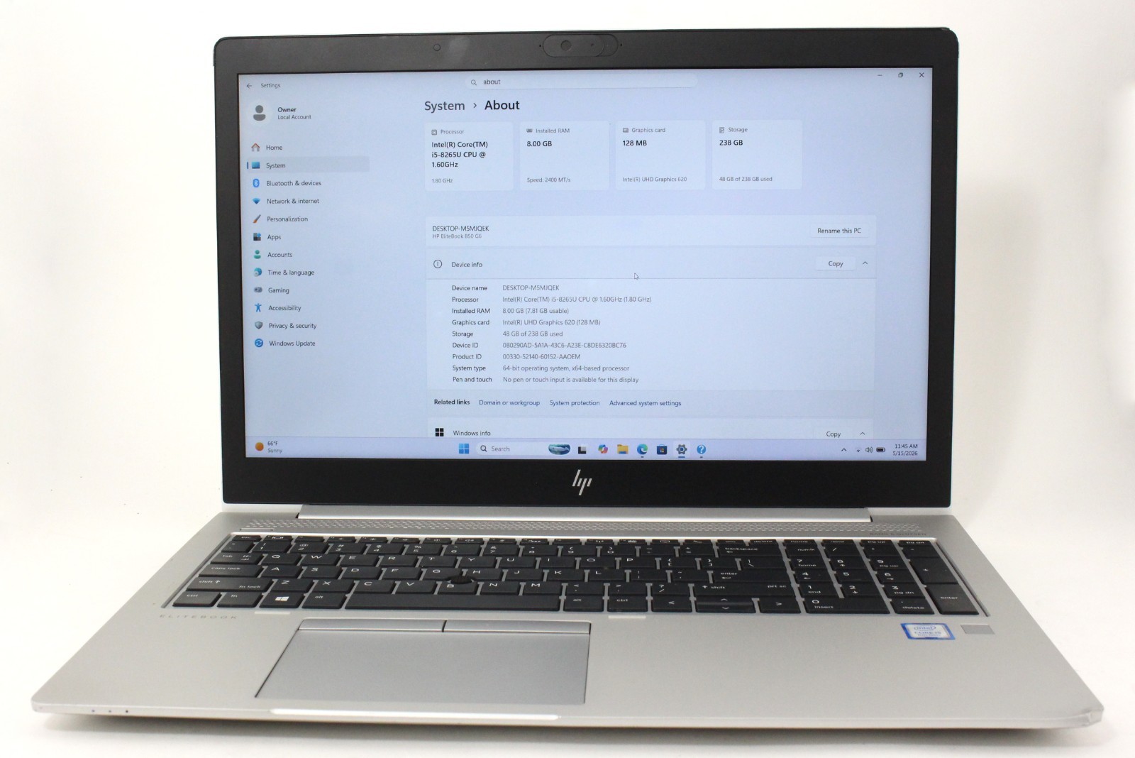 HP Elitebook 850 G6 15.6″ 256GB SSD 8GB RAM Win 11 Pro 1.6GHz i5-8265U; 6181271