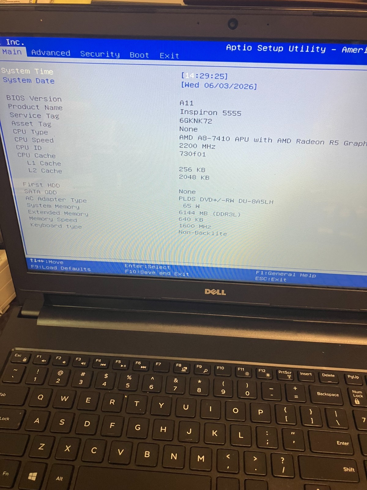 DELL INSPIRON 15 5555 Laptop w/ AMD A8-7410 2.20 GHZ + 6 GB No HD, for parts