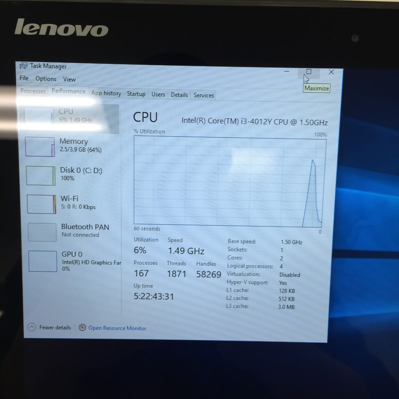 LENOVO yoga 2 11 core i3 4th gen 1.50 ghz 12.5” 4GB RAM 440 GN SSD WIN 1O HOME