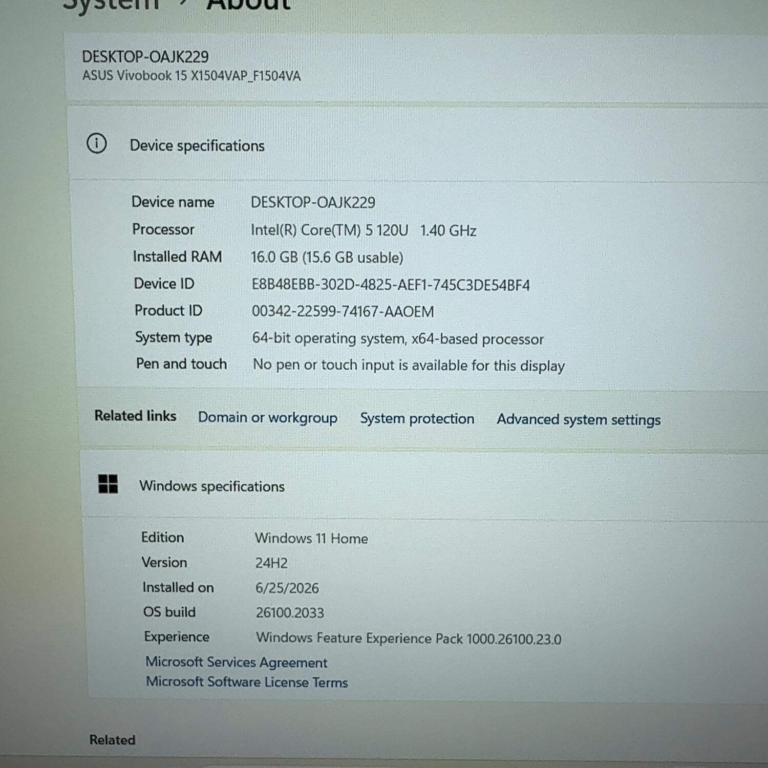 Asus Vivobook 15 F1504V 15.6″ Core 5 120U 1.4GHz 16GB RAM 512GB SSD