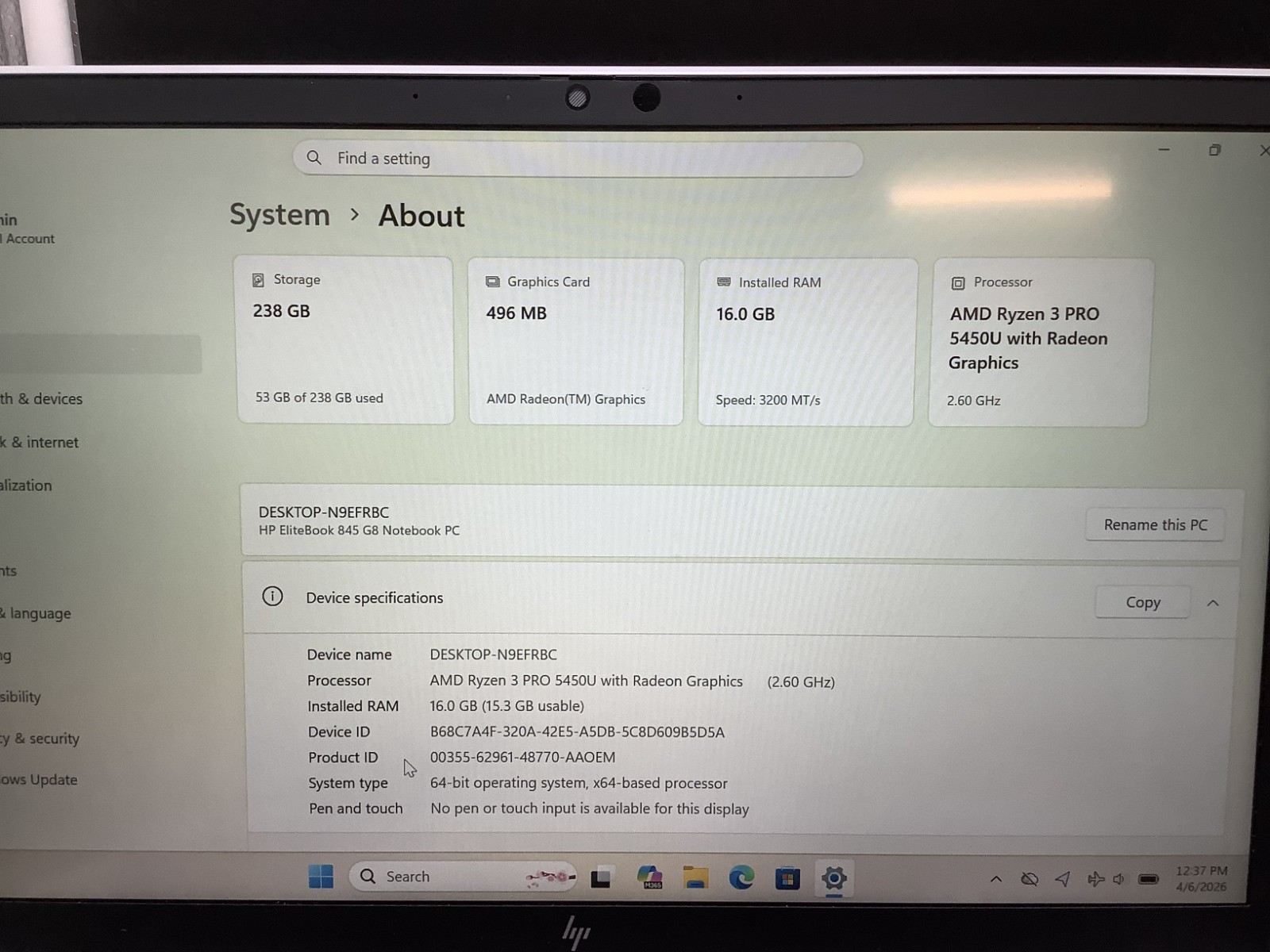 HP Elitebook 845 G8 Laptop 14 Ryzen 3 Pro 5450U 16GB RAM 256GB SSD Win 11 Pro