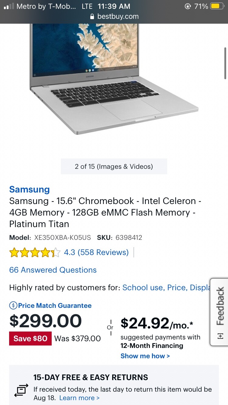 Samsung Chromebook 15.6″ (32GB eMMC, Intel Celeron, 1.1GHz, 4GB RAM) – Platinum