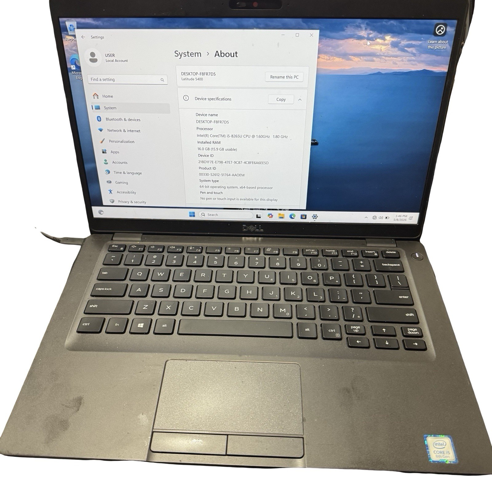 Dell Latitude 5400 Laptop – Core i5-8365U 16GB Ram 256SSD Cam- Win11 Pro