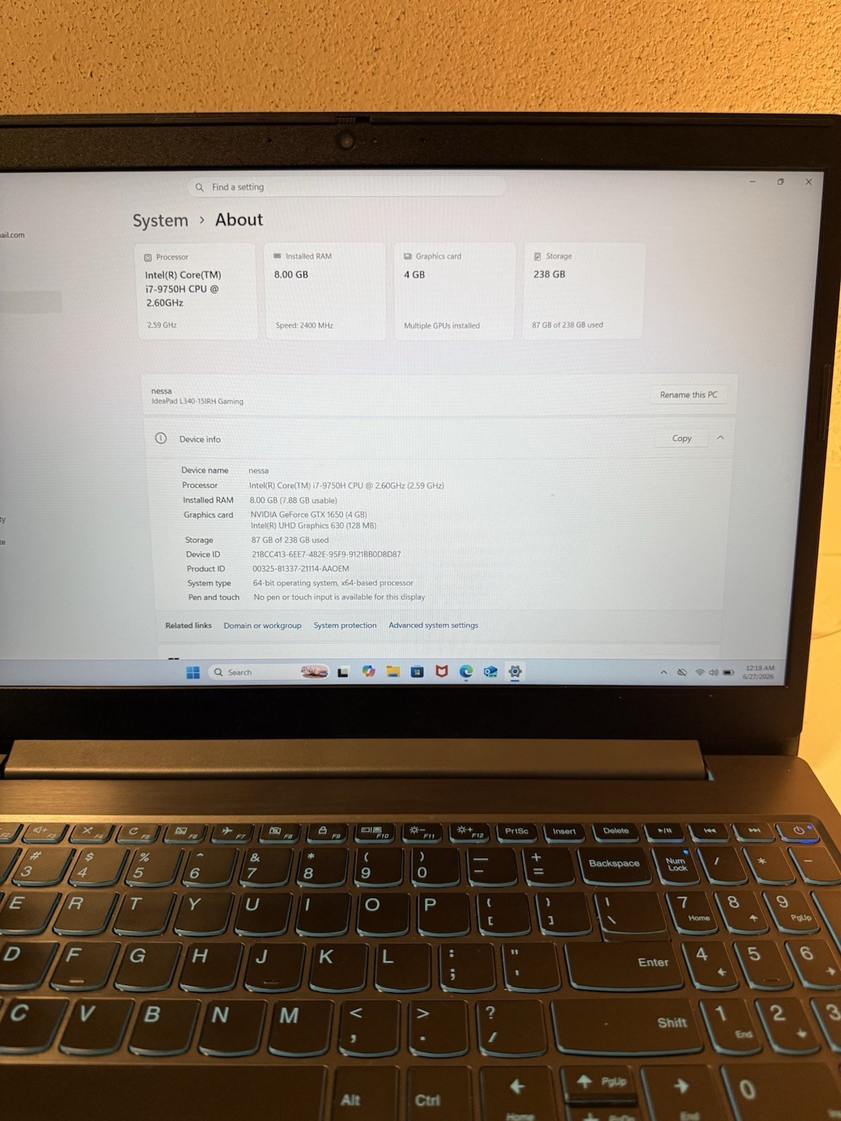 Lenovo IdeaPad L340 Gaming 15.6in i7-9750H 8GB 238GB SSD GTX 1650 Win 11
