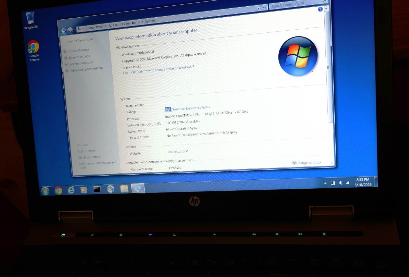 HP elitebook 8540p i7 M620 8GB, no disk/OS