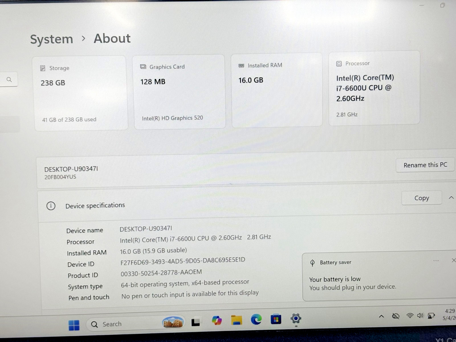 Lenovo ThinkPad x1 Carbon G 4 i7-6th Gen 2.60GHz 16GB RAM 256GB SSD Win 11 Pro*