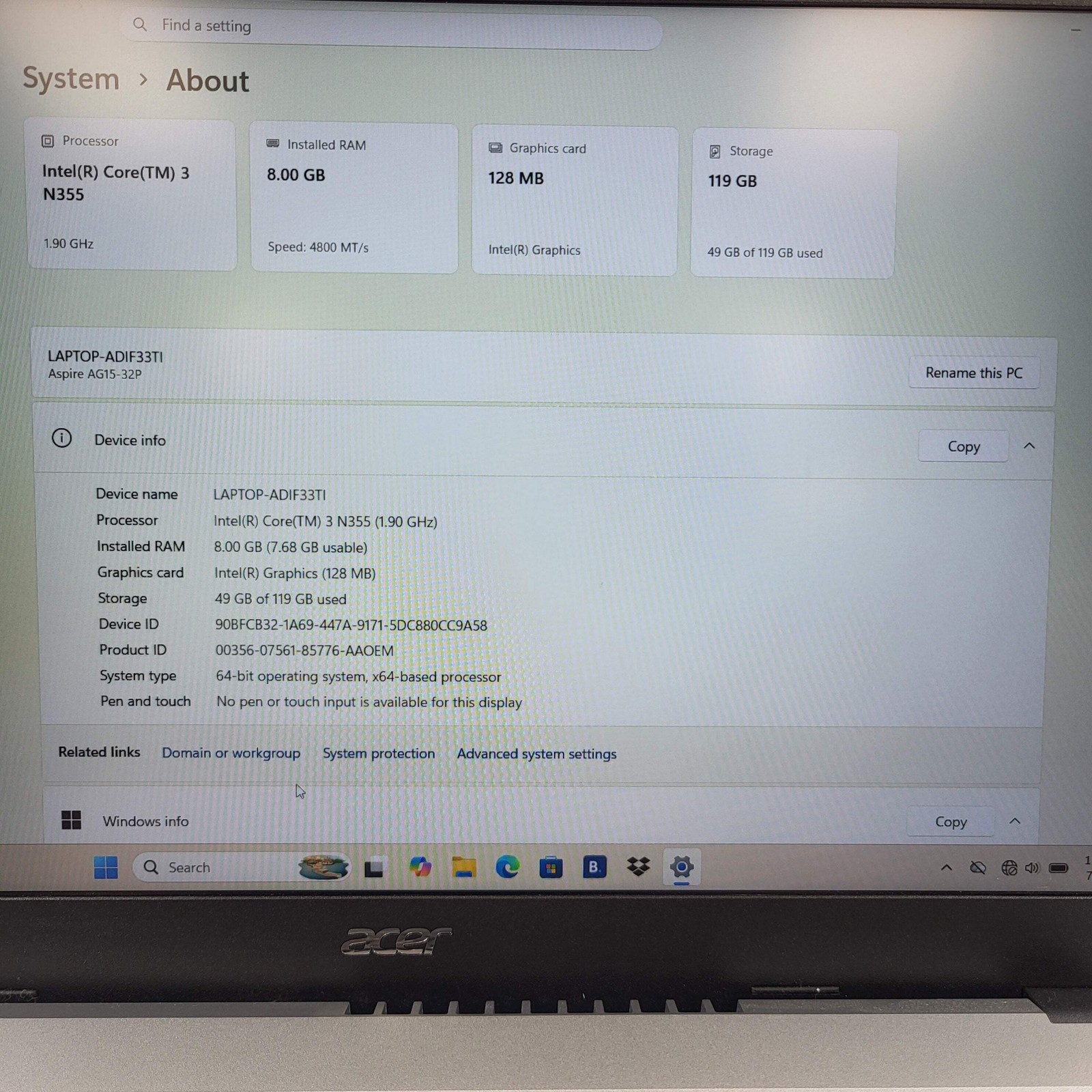 Acer Aspire Go 15 AG15-32P 15.6″ Core 3 N355 1.9GHz 8GB RAM 128GB SSD