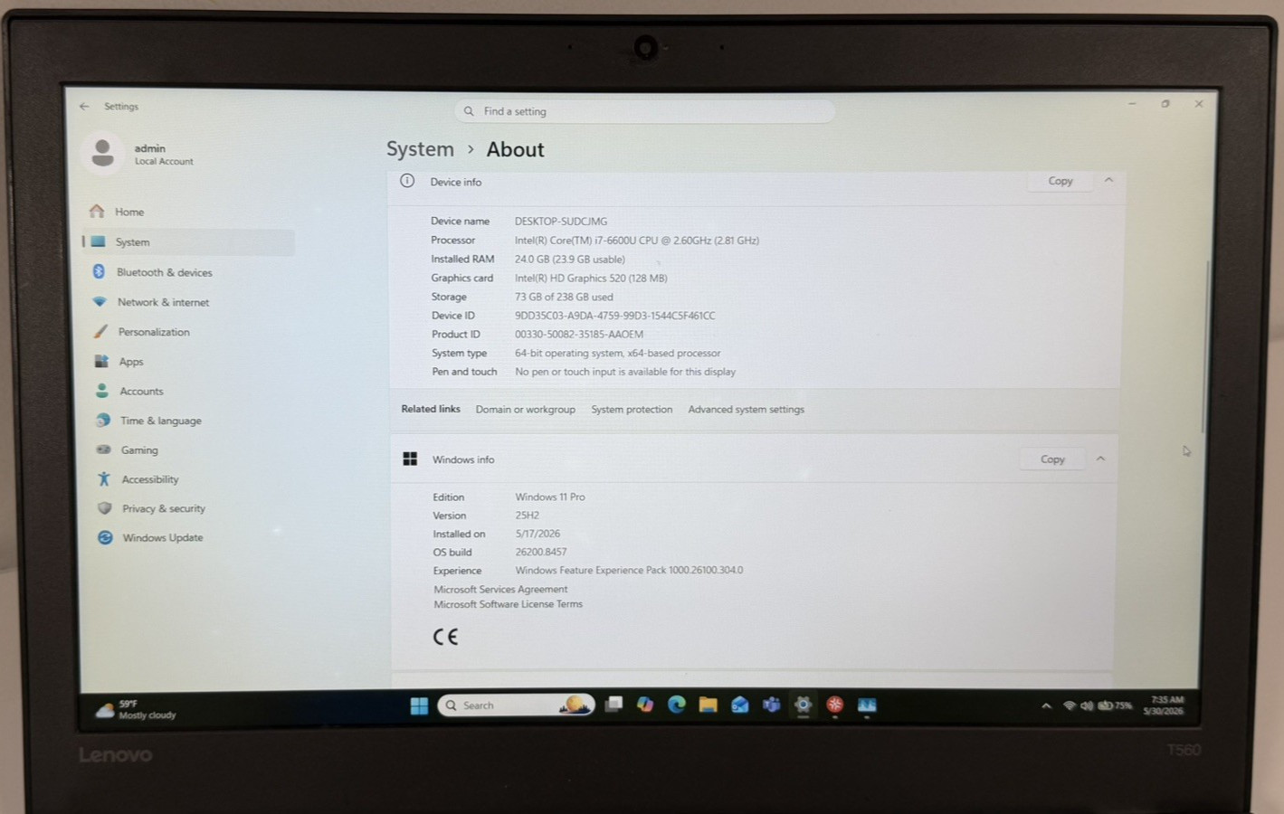 Lenovo ThinkPad T560 i7-6600U 24GB RAM 256GB SSD 15.6″ FHD Windows 11 Pro