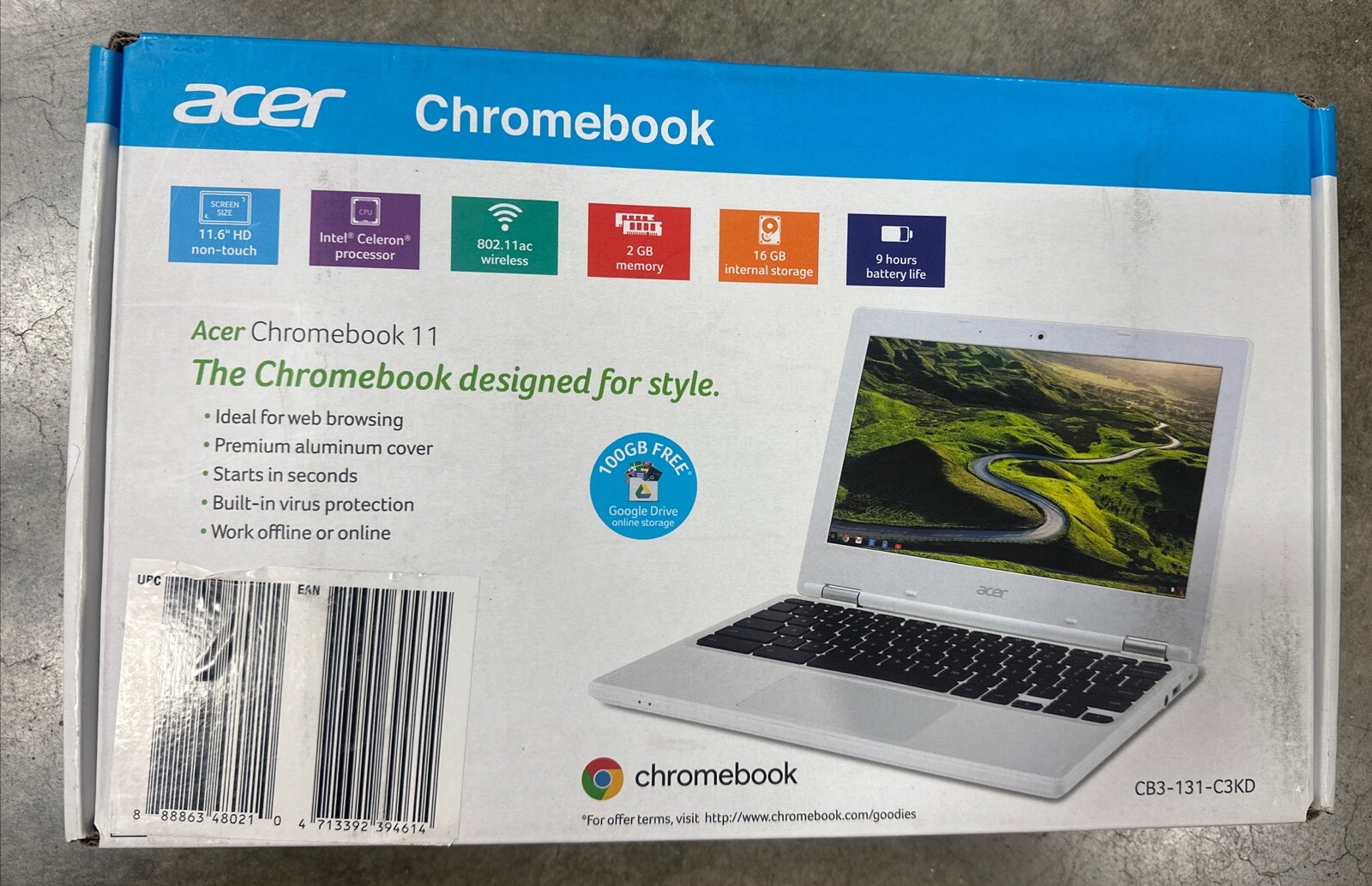 Acer 11.6″ Chromebook, Intel Celeron N2840, 2GB RAM, 16GB SSD, CB3-131-C3KD