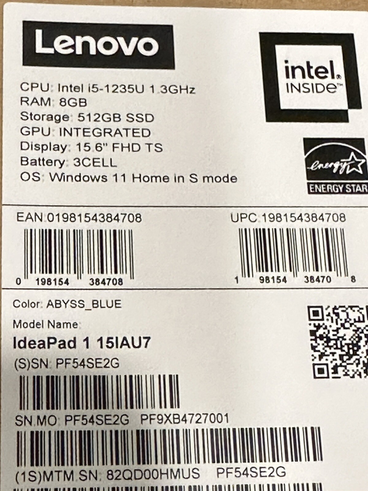 Lenovo IdeaPad 1 15IAU7 15.6″ Laptop Intel Core i5-1235U 8GB Ram 512GB SSD W11H