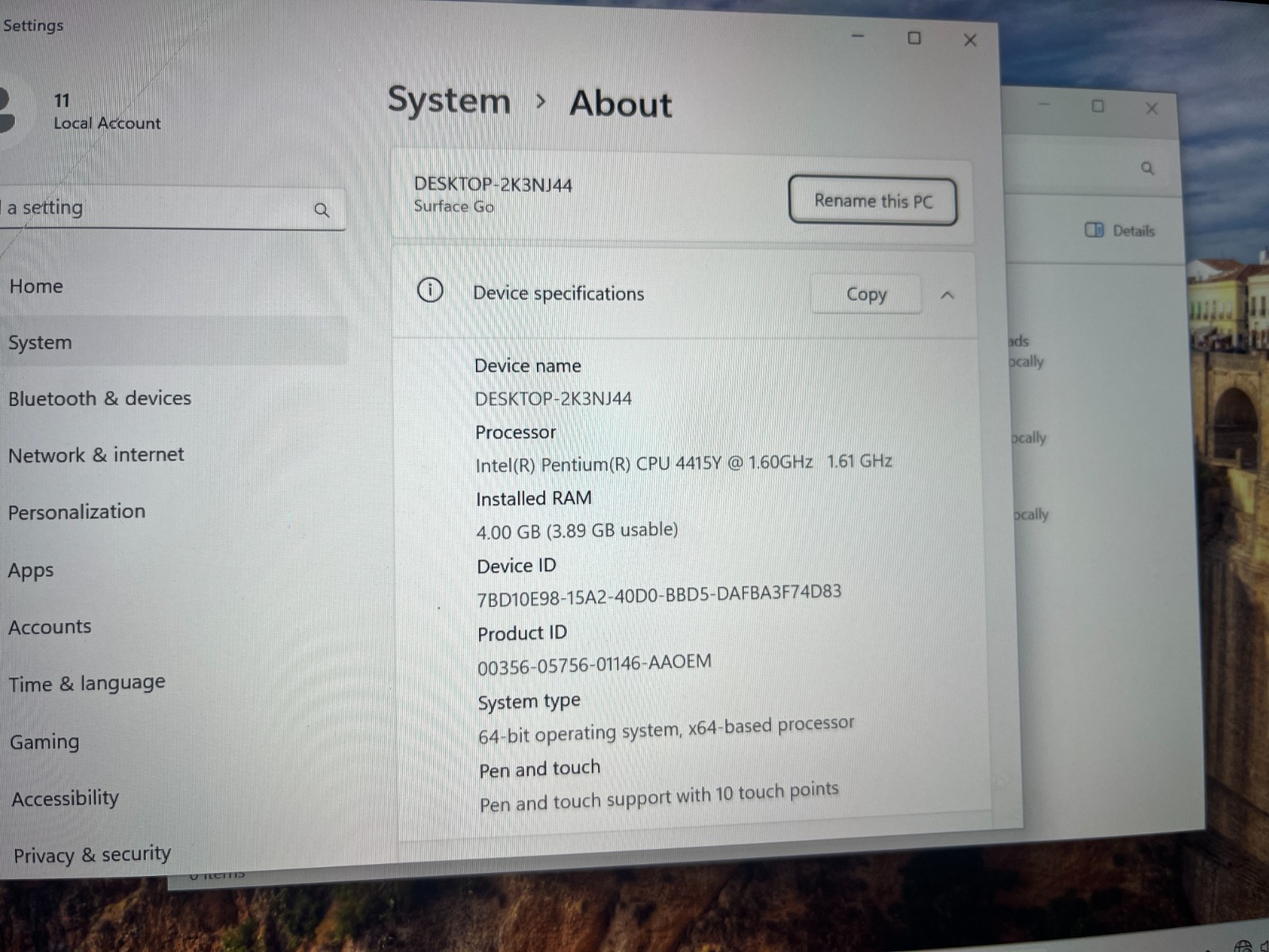 Microsoft Surface Go Pentium CPU 4415Y 1.60GHz 4GB RAM 128GB SSD Windows 11