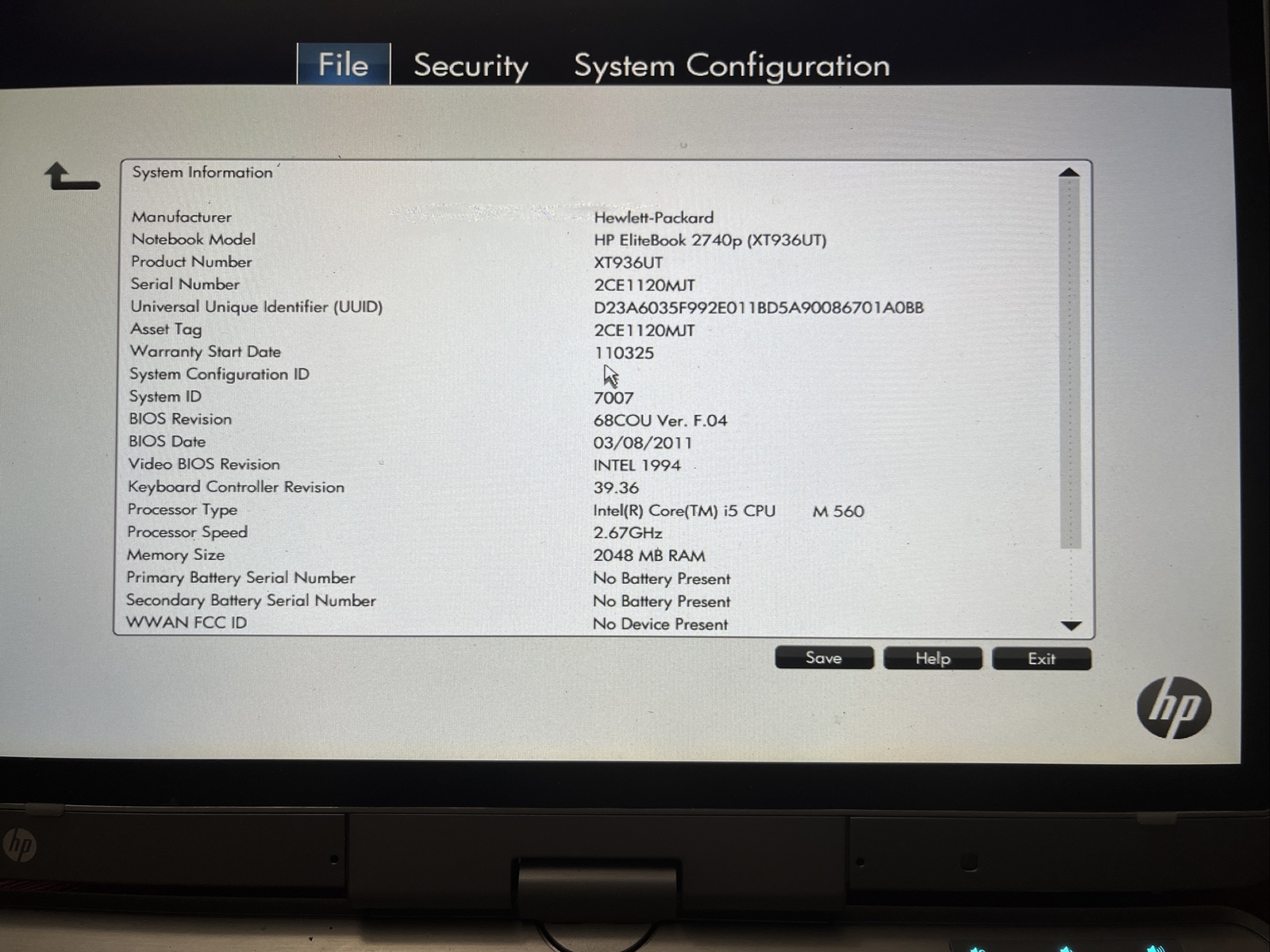 HP EliteBook 2740p Tablet Laptop For Parts Boots to BIOS NO HDD/Battery/RAM JR