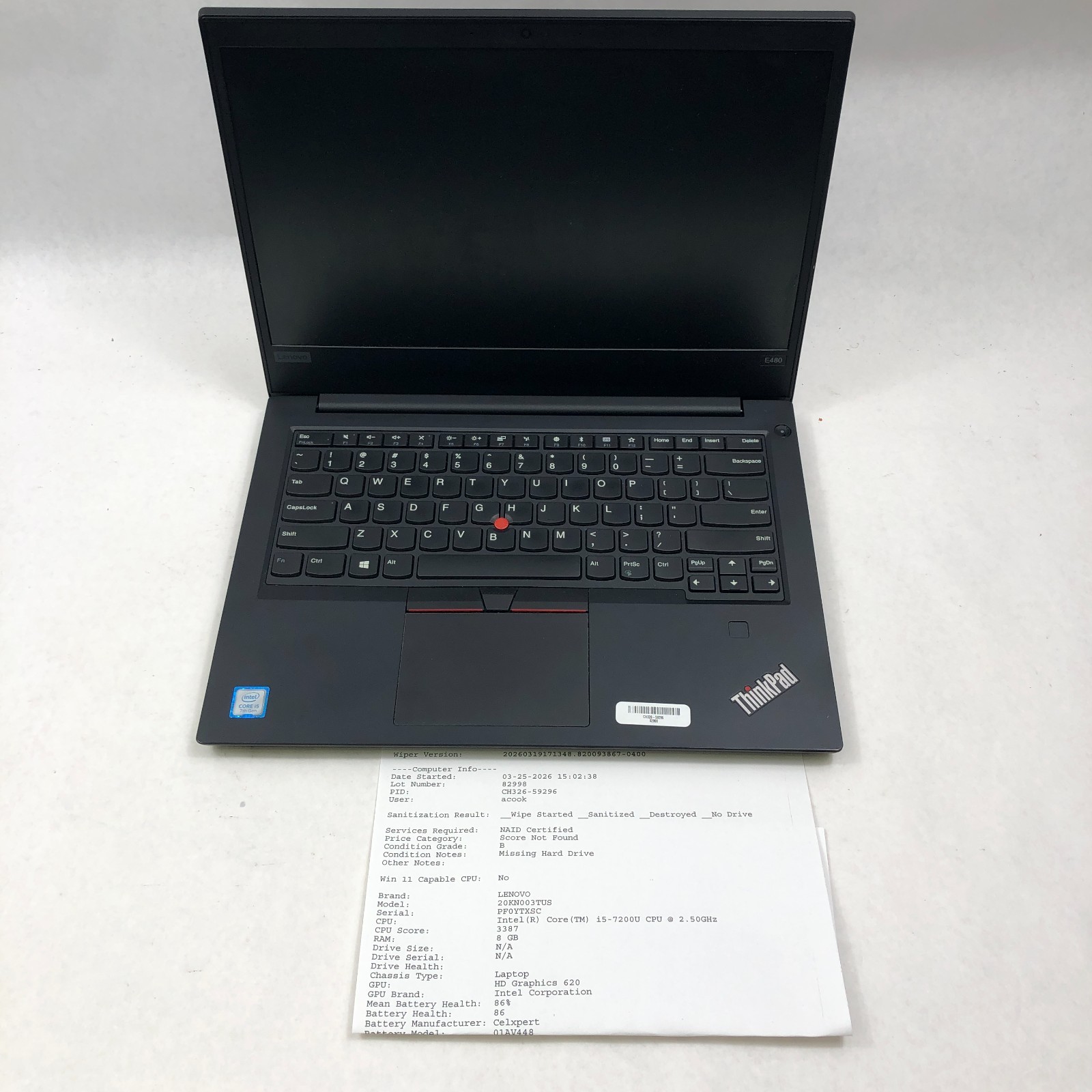 4 Lot Lenovo Thinkpad E480/E470 i5-7200U/6200U 2.5GHz 8GB RAM 1x 256GB/3x NO SSD