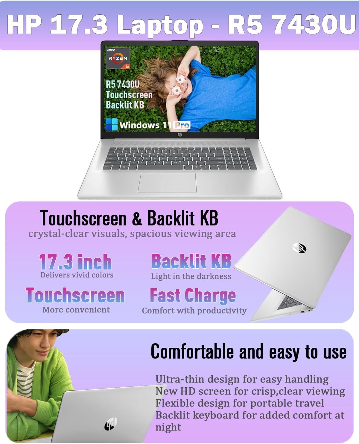 HP 17 Touchscreen Laptop 2026, AMD Ryzen 5 7430U Backlit 16GB RAM 1TB SSD