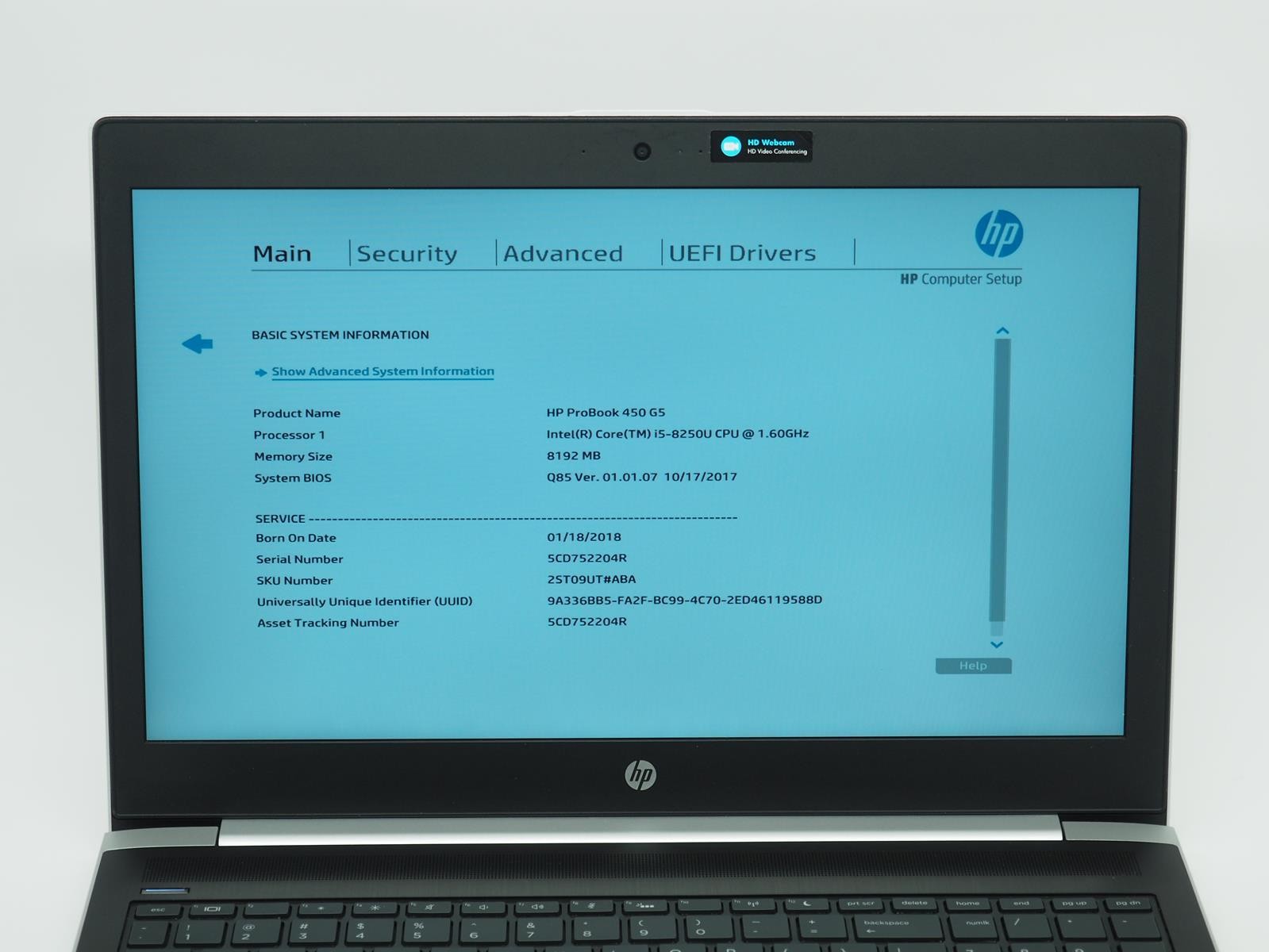 HP PROBOOK 450 G5 15.6″ Intel Core i5-8265u 1.60GHz 8GB RAM 256GB SSD
