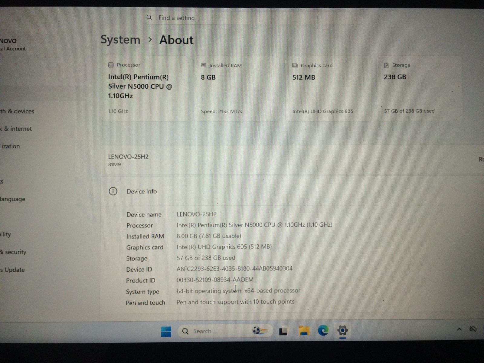 Lenovo 300e 2nd Gen Pentium N5000 1.10 GHz 8 GB 256 NVMe SSD Win 11 AC Adapter