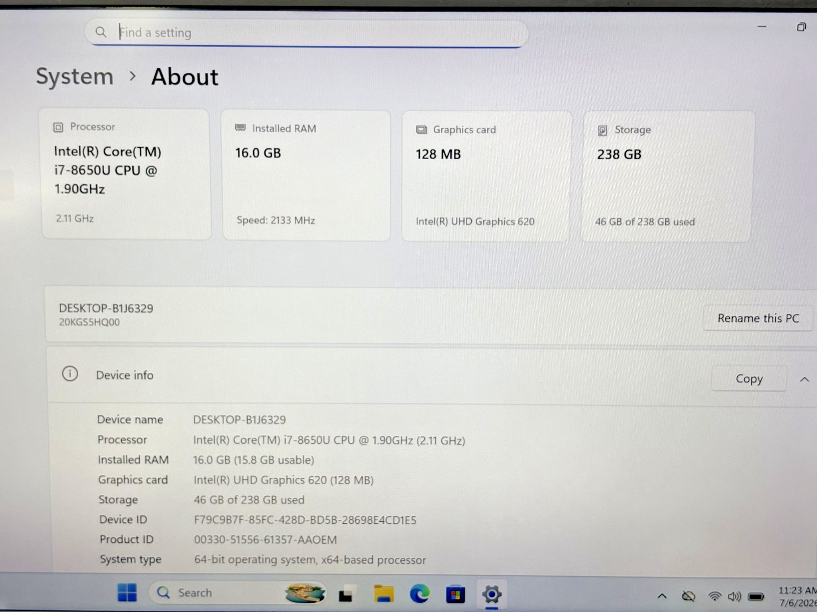 Lenovo ThinkPad X1 Carbon Gen 6 Intel i7-8th Gen 16GB RAM 256GB SSD Win 11 Pro*