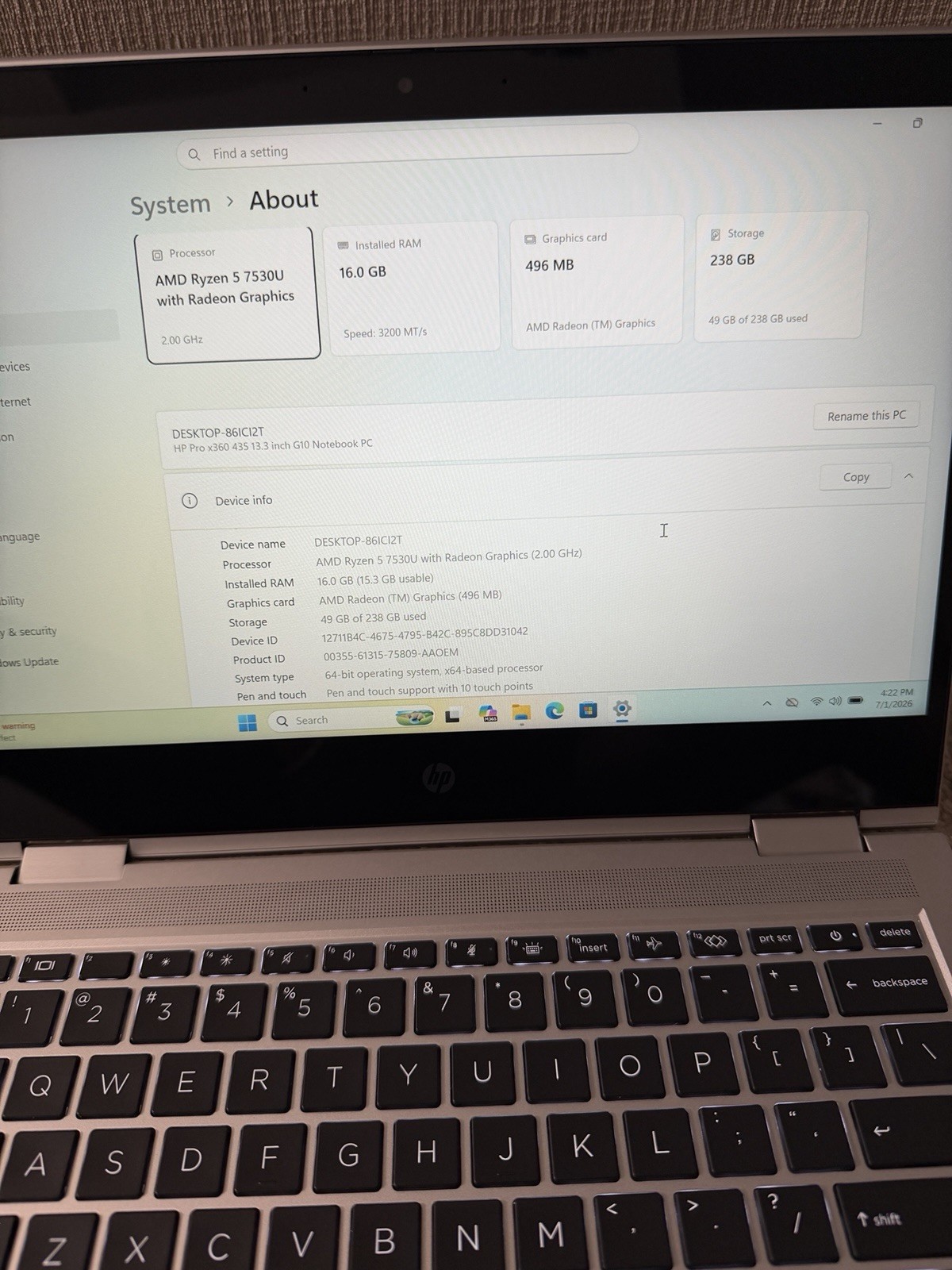 HP PROBOOK X360 435 G10 RYZEN 5 16GB RAM 256GB SSD TOUCHSCREEN