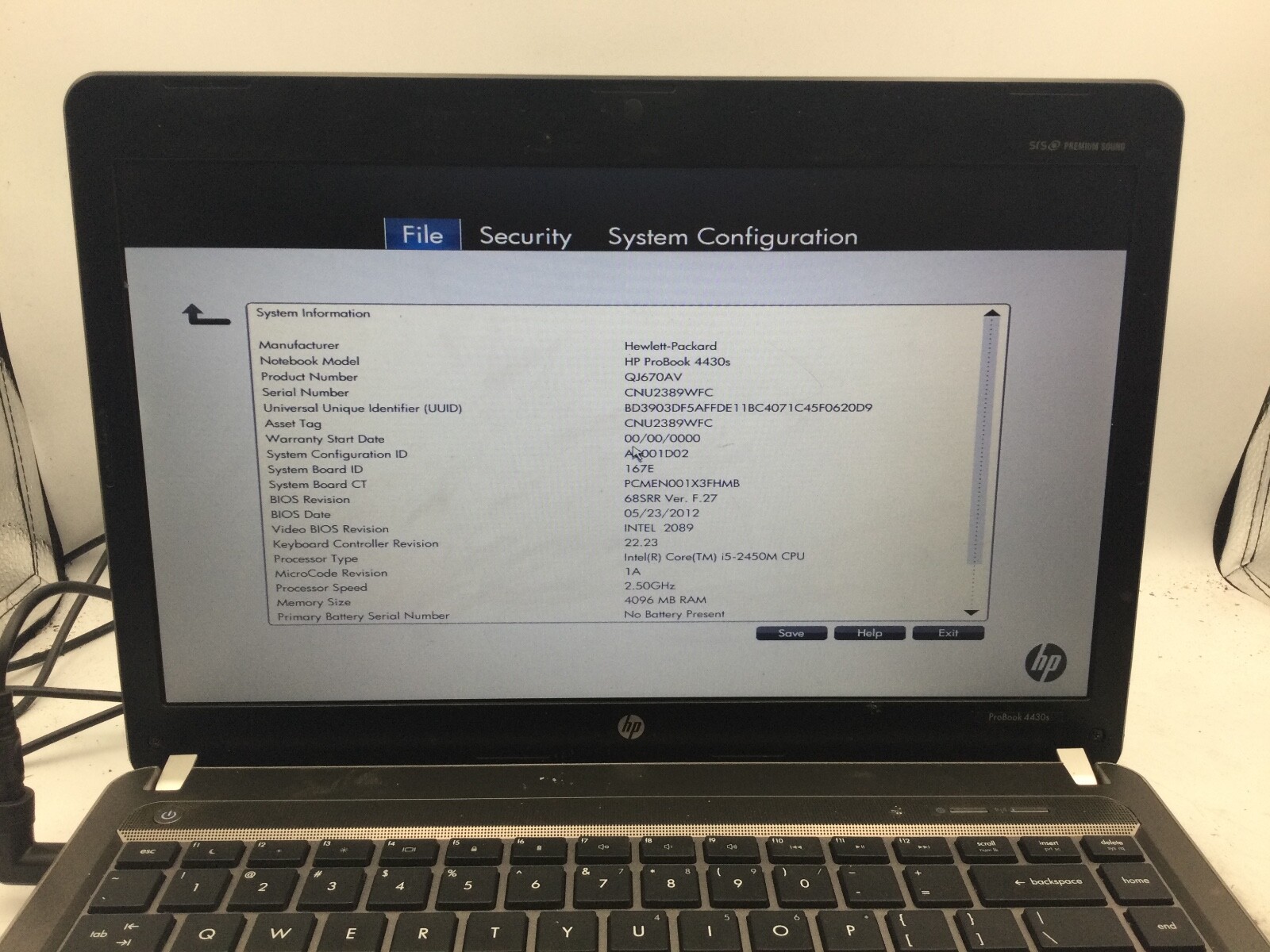 HP PROBOOK 4430s – BOOTS TO BIOS – INTEL I5 2450M – 4GB RAM -READ DESCRIPTION-BB