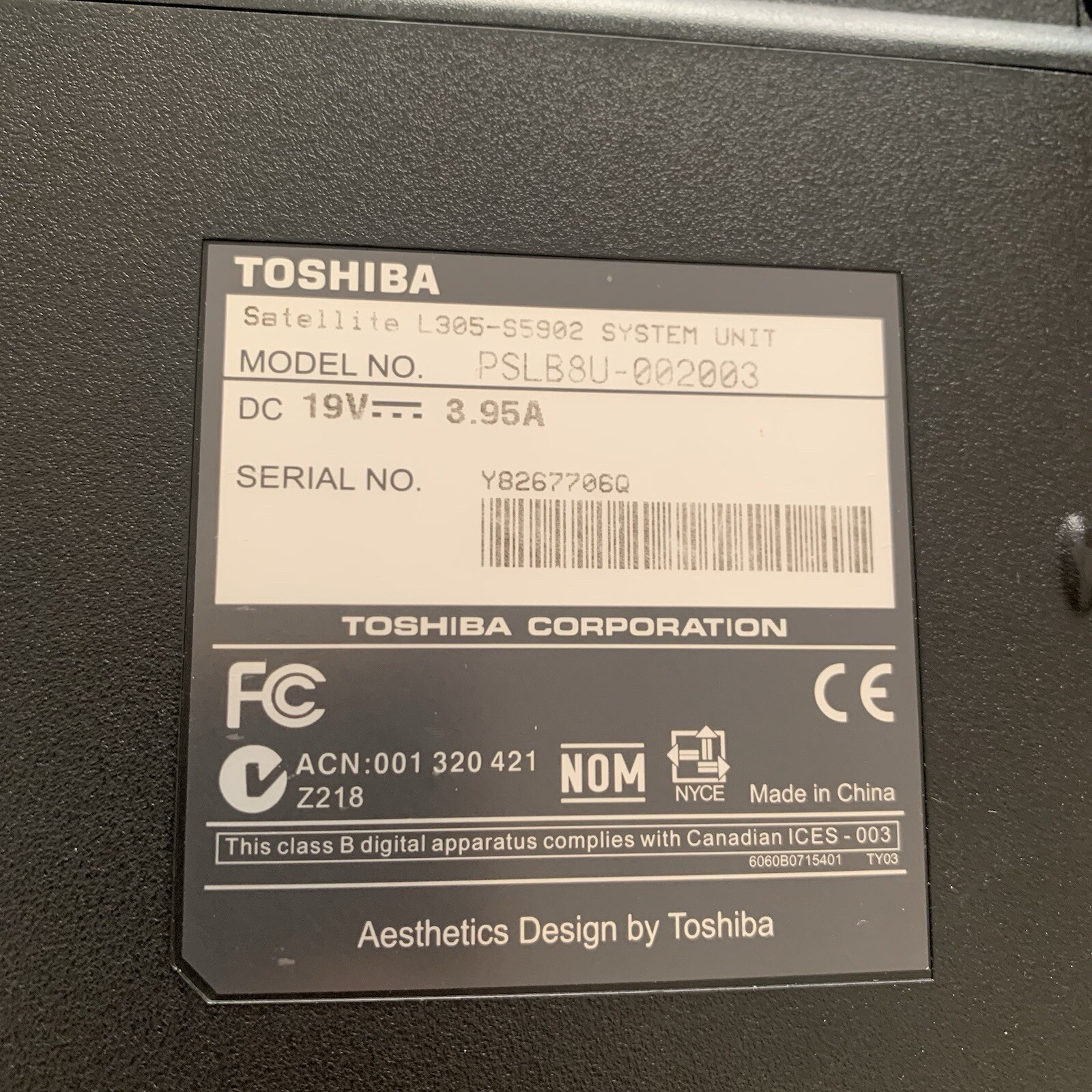Toshiba Satellite Laptop PSLB8U-002003 Intel Pentium, RW DVD Burner, Untested.
