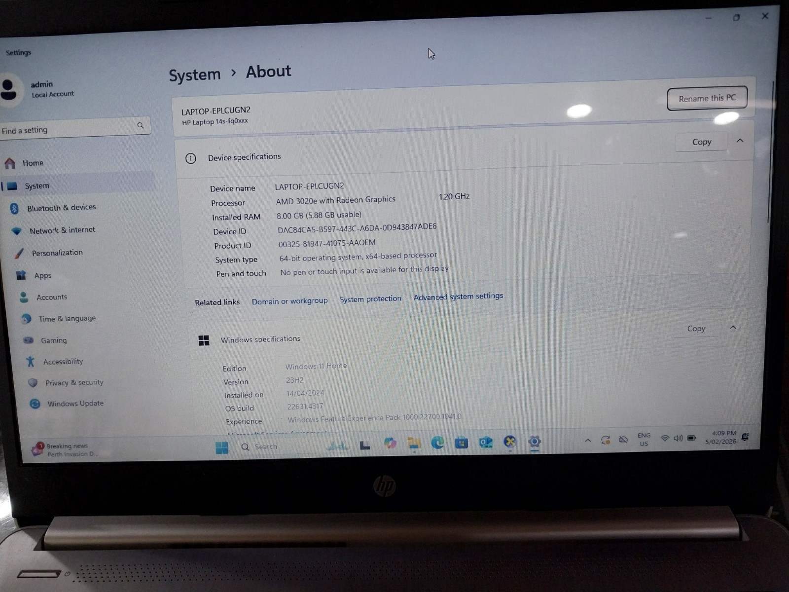 HP 14s-fq0027AU AMD 3020e w/ Radeon Graphics WIN 11 HOME 8GB RAM 128GB SSD