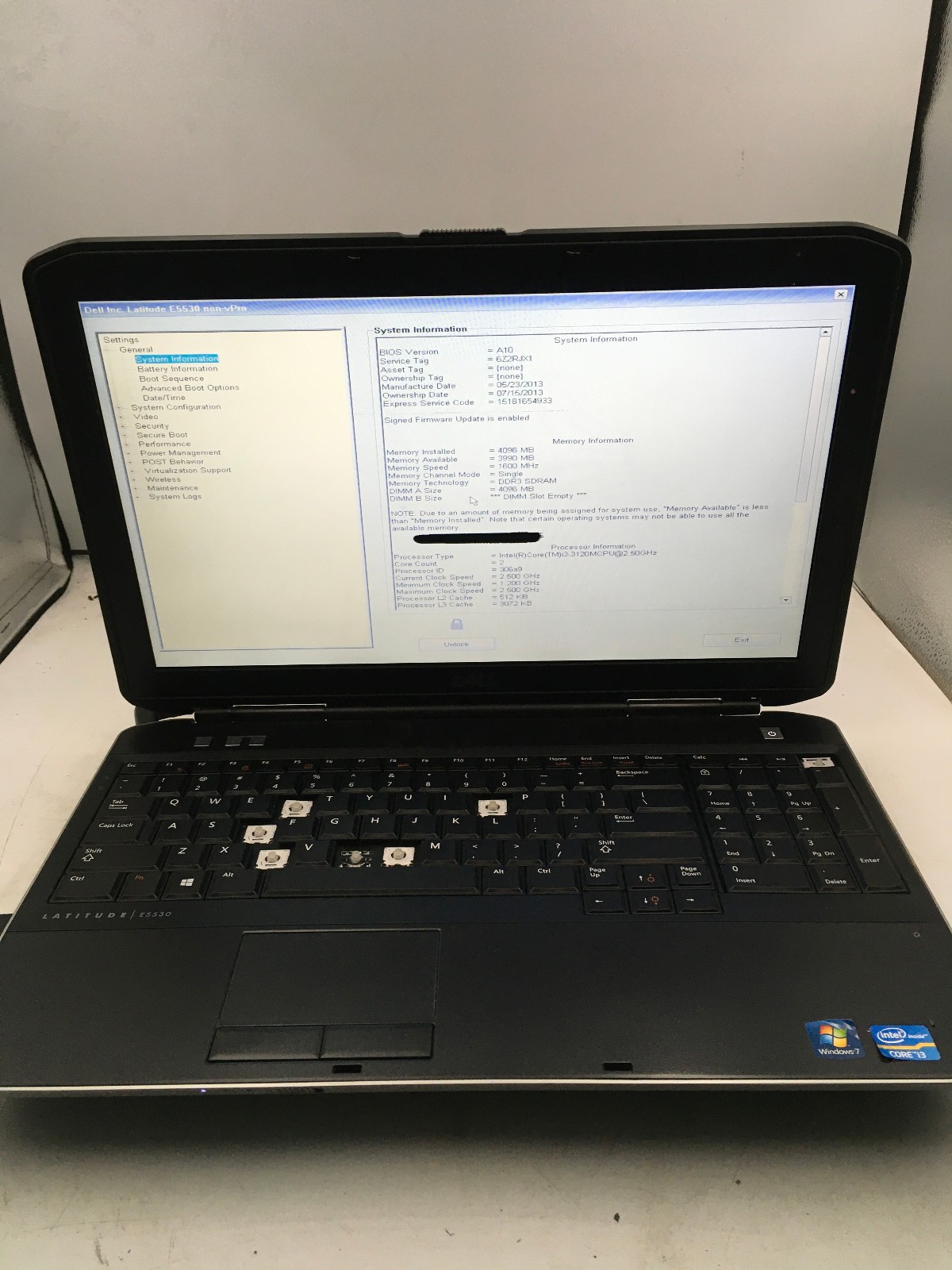 DELL LATITUDE E5530 – BOOTS TO BIOS/LOCKED – INTEL I3 3120M – 4GB RAM – READ -BB