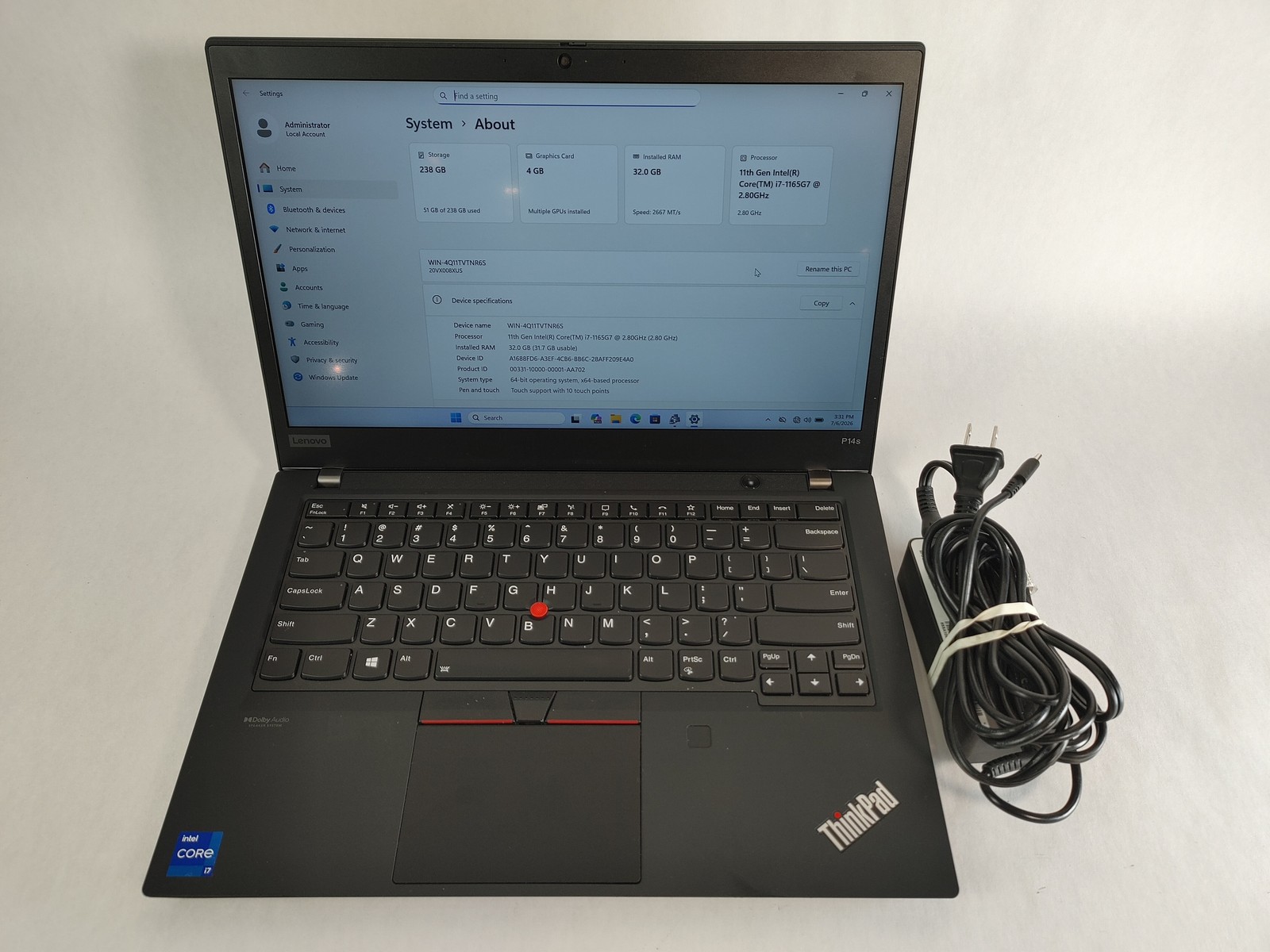 Lenovo ThinkPad P14s Gen 2 Core i7-1165G7 2.80 GHz 32 GB DDR4 256 GB NVMe