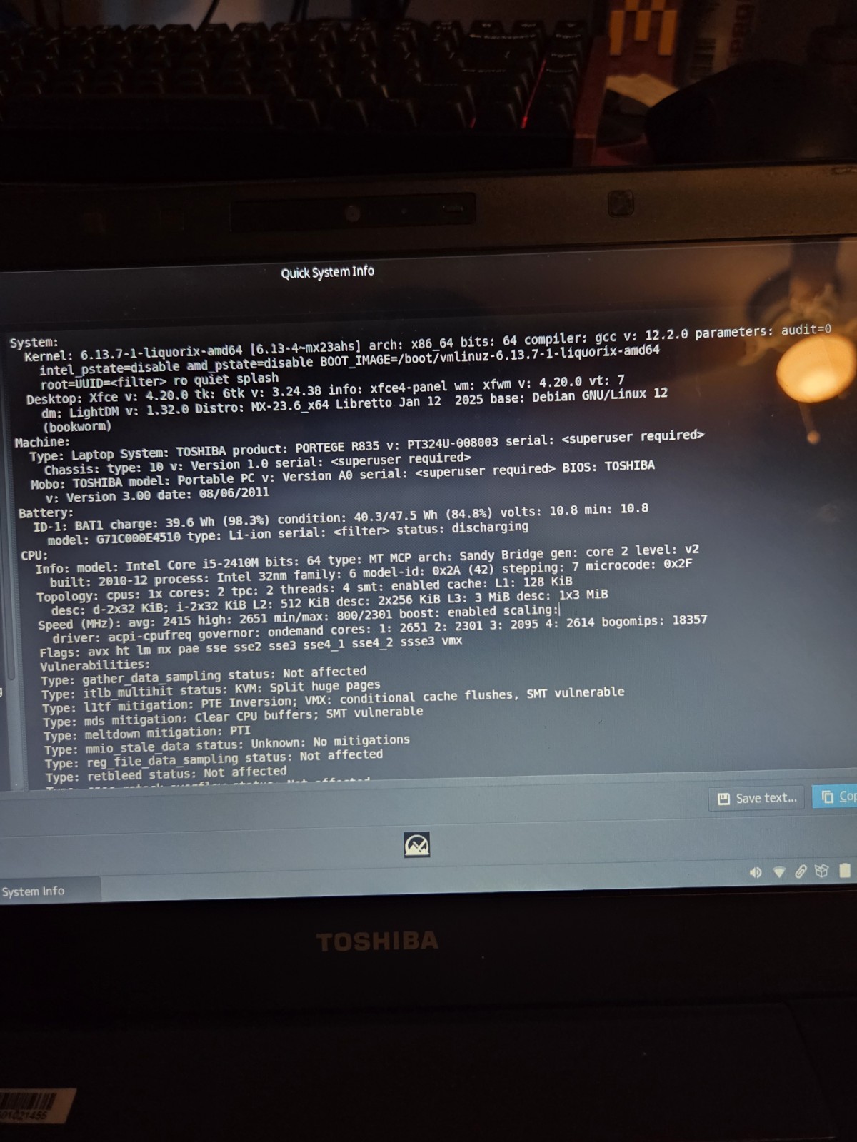 ​FAST Toshiba R835 Laptop – 16GB RAM – Intel i5 – BYO Drive – MX Linux Disc