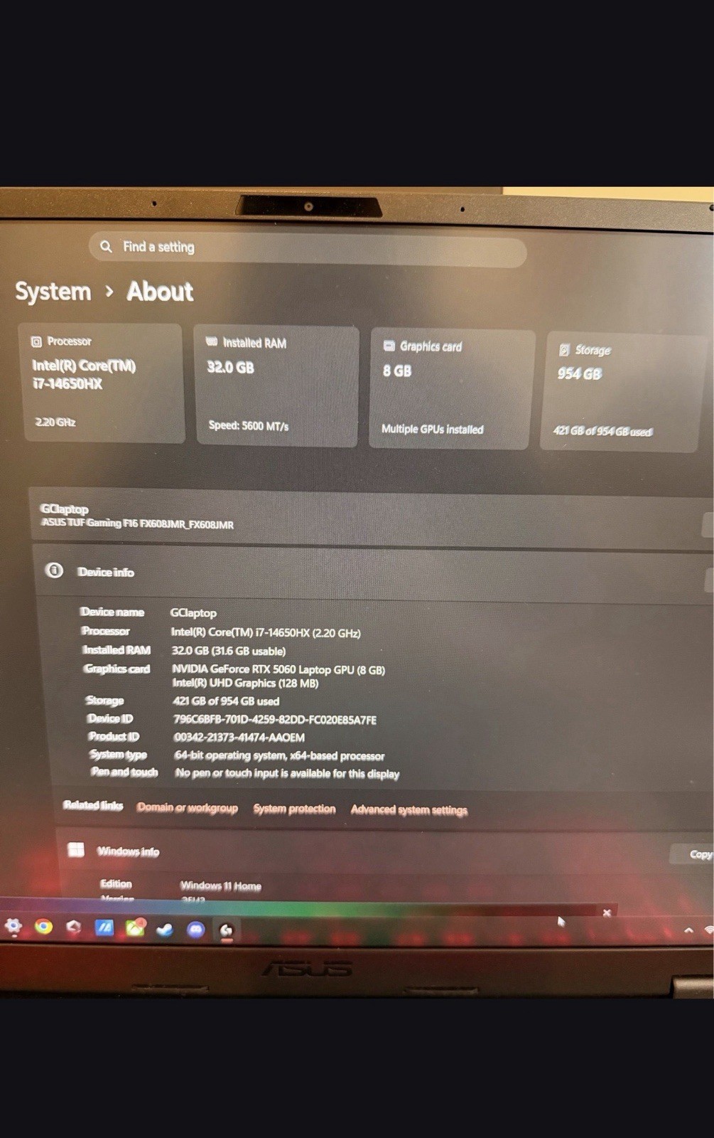 ASUS TUF Gaming F16 i7-14650HX, 32GB ram, RTX 5060, 1TB SSD, Win11