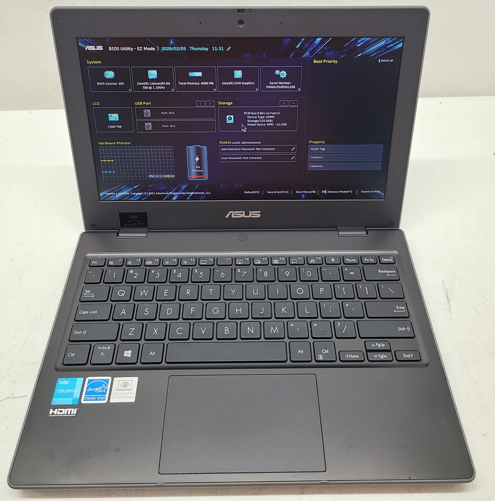ASUS BR1100CK 11.6″ Laptop Intel N4500 4GB RAM 128GB eMMC NO OS (FL)
