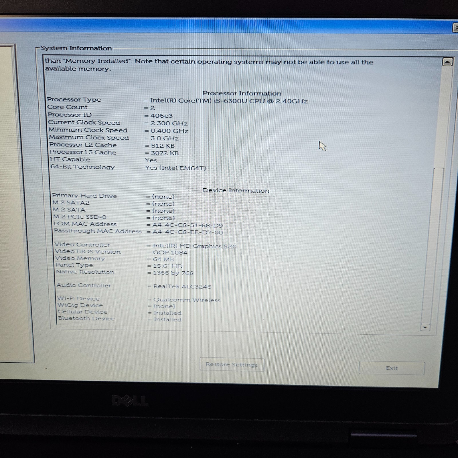 Dell Latitude 5580 Laptop i5-6300U 2.4GHz 16GB RAM NO SSD/OS W 65W Charger