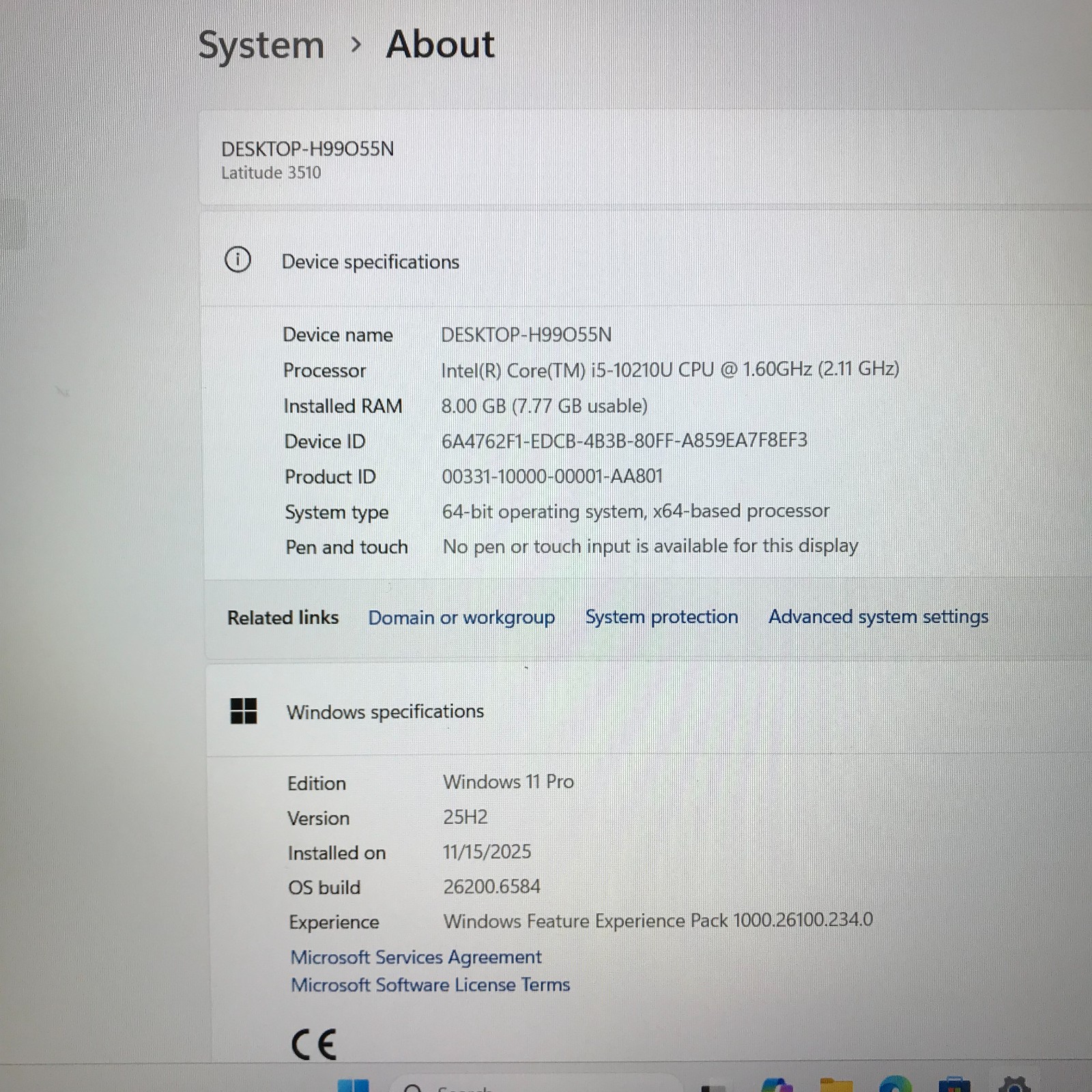 Dell Latitude 3510 Laptop i5-10210U 1.60GHz 8GB RAM 256GB SSD (Windows 11 Pro)