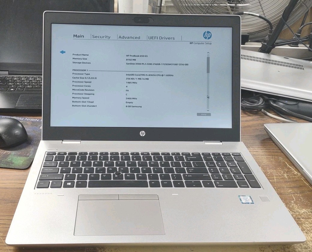 HP ProBook 650 G5 15.6″ W/ Intel i5-8365U @ 1.6GHz, 8GB, 256GB.