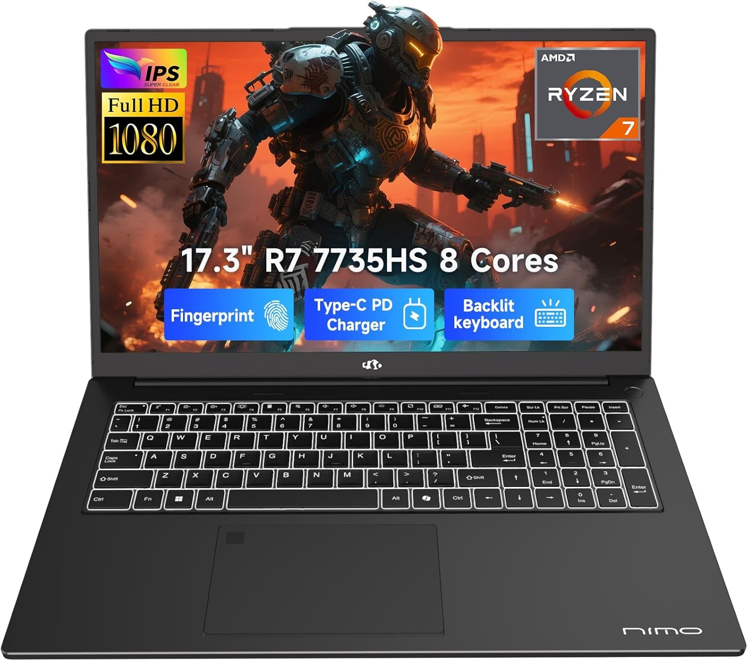 NIMO Gaming Laptop 17.3″ FHD IPS Large Screen AMD R7 7735HS 16GB DDR5 RAM 256GB
