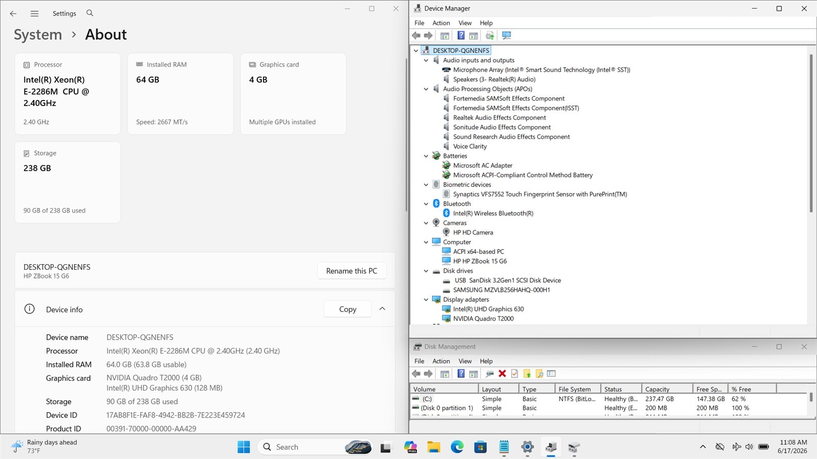 HP ZBook 15 G6 Workstation Xeon E-2286M 2.40GHz 64GB 256GB SSD T2000 W11P NO A/C