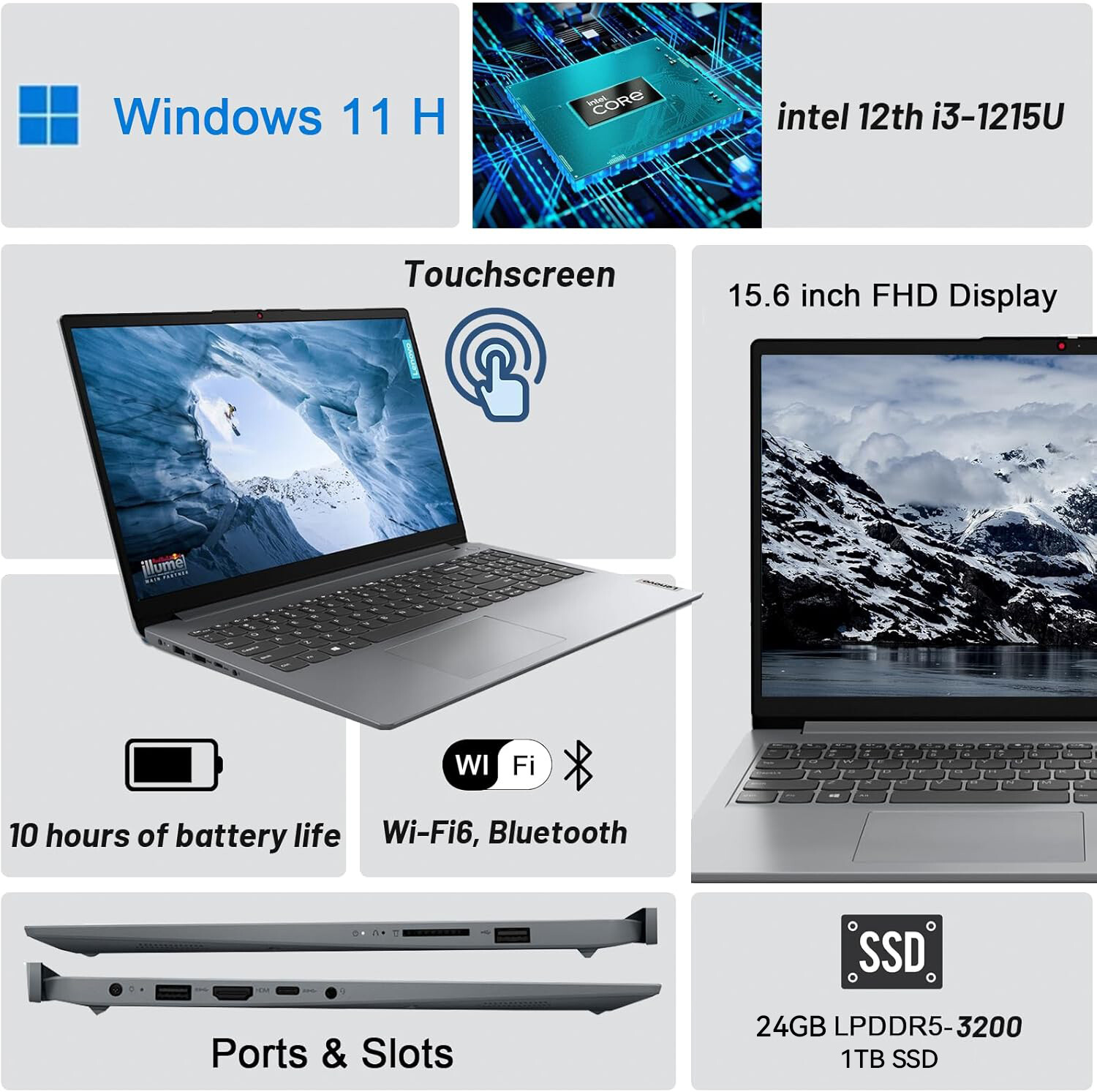 Lenovo Ideapad 1i 15.6 Laptop Touchscreen Intel Core i3-1215U 24GB RAM 1TB SSD